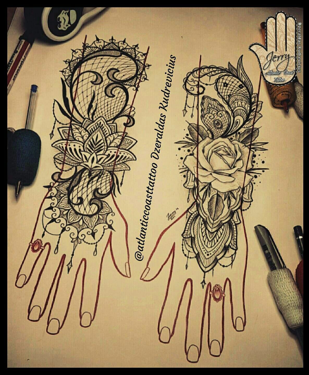 Lovely hand tattoo idea. Rose tattoo, lotus tattoo. Mandala tattoo, lace tattoo, finger tattoo ideas. By Dzeraldas Jerry