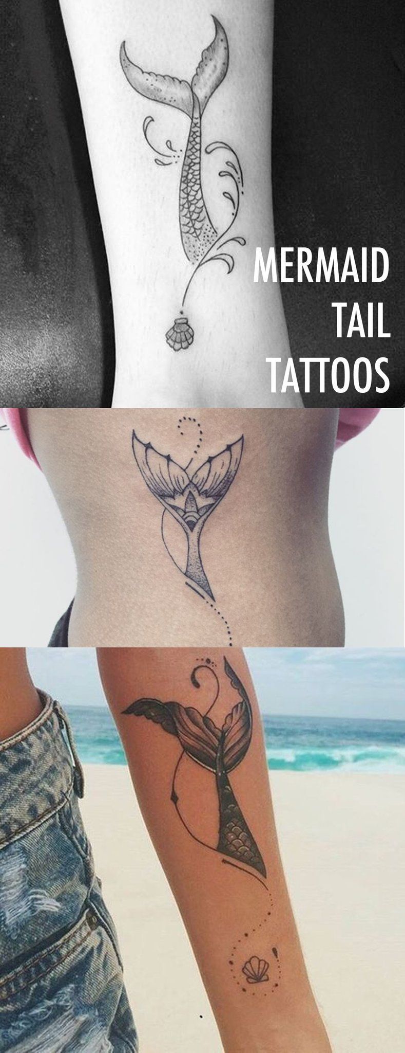 Mermaid Tail Tattoo Ideas for Women at MyBodiArt.com – Small Black Arm Sleeve Seashell Rib Tatt