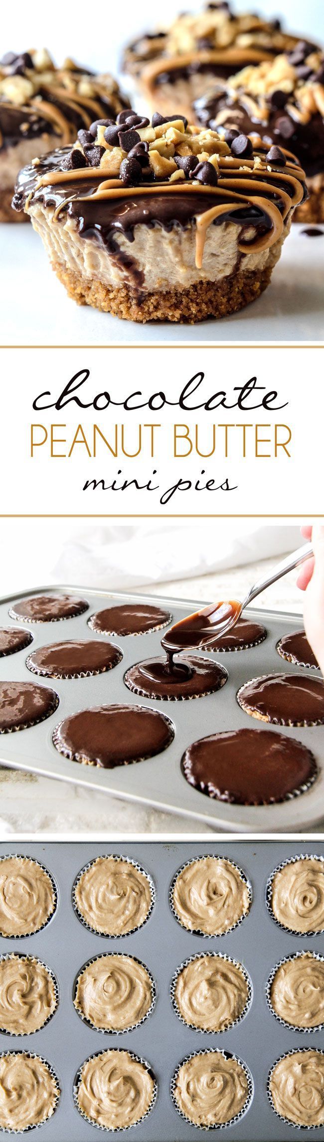 Mini Chocolate Peanut Butter Pies are easy, make ahead, almost NO BAKE and, decadently DELICIOUS with toffee graham cracker crust,