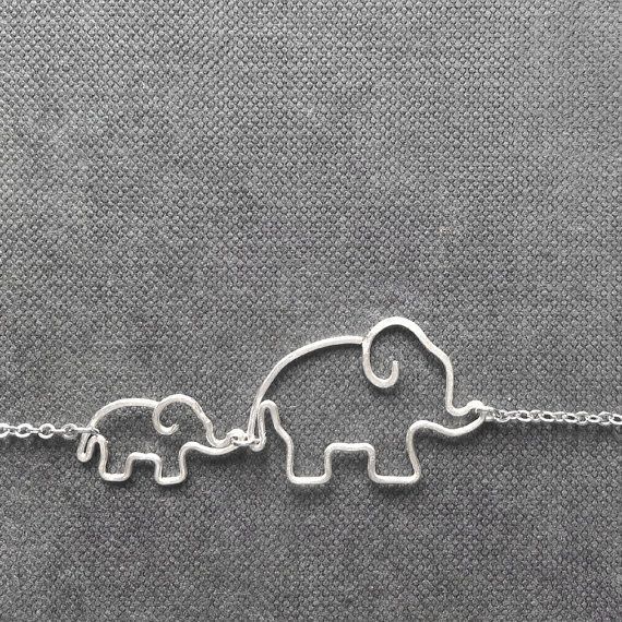 Mother and Baby Elephants Necklace – Gift for Mom, Elephant Jewelry, Silver Wire Necklace – ‘Elephants’