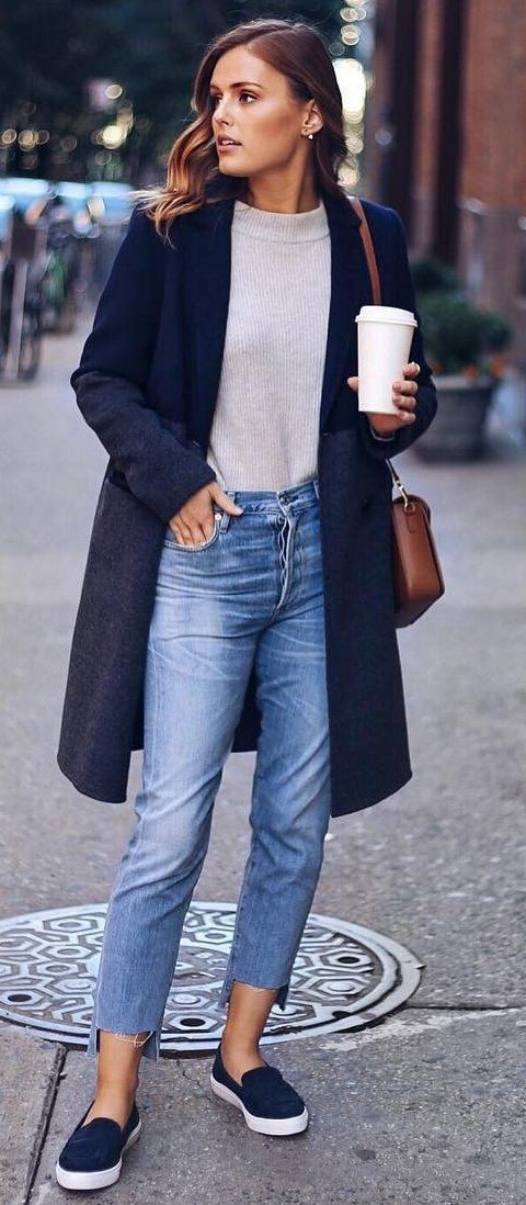 Navy Coat + Cream Knit. Mom Jeans + Slip On Sneakers