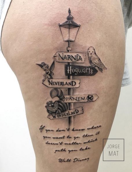 Omygoodness. I love this tattoo. Walt Disney’s quote is awesome. And wonderland, panem, never land, hogwarts, and narnia are great