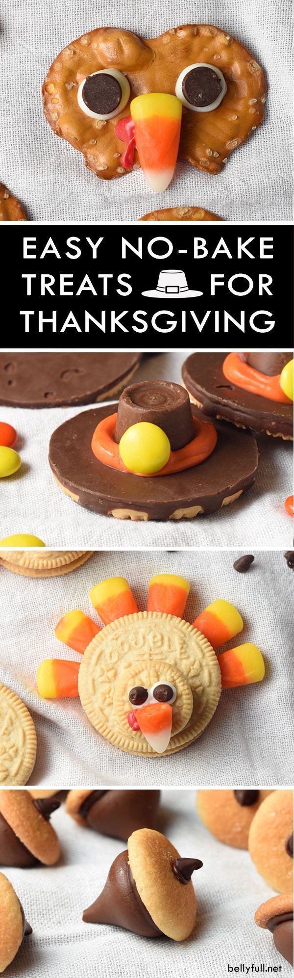 Pilgrim Cookie Hats, Chocolate Acorns, Pretzel Turkeys, and Oreo Turkeys are the cutest Thanksgiving treats! No oven required and