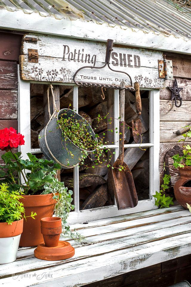 Potting shed sign on a rustic garden shed : made with Funky Junk’s Old Sign Stencils | funkyjunkinteriors.net