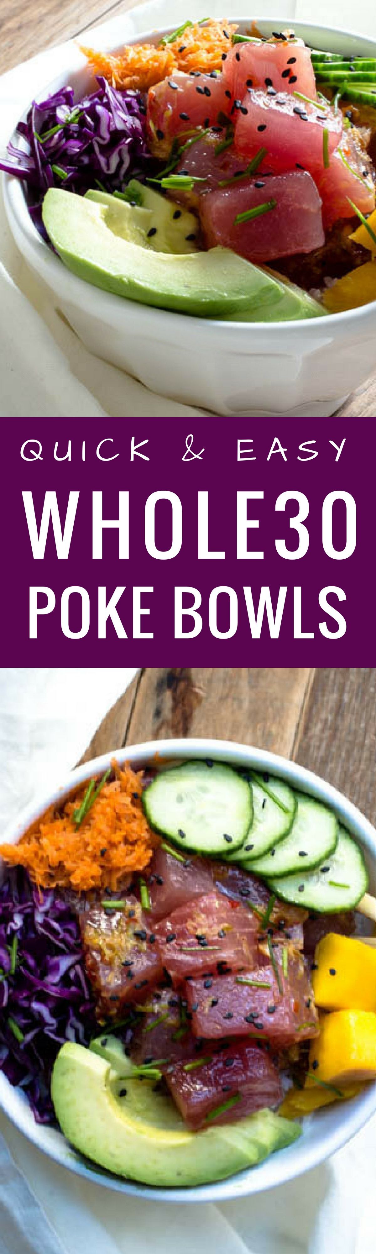 Quick and easy poke bowls recipe. Paleo poke bowls. Healthy, homemade, gluten free poke bowl recipe. Tuna poke bowls. How to make