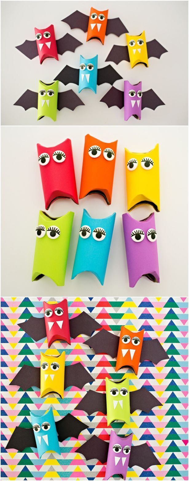 Rainbow Paper Tube Bats – Cute Halloween craft for kids.