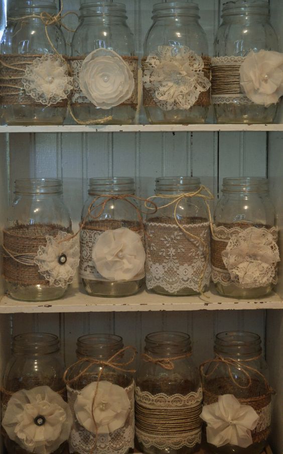 Rustic Wedding Burlap Lace Mason Jars / http://www.himisspuff.com/rustic-country-burlap-wedding-ideas/10/