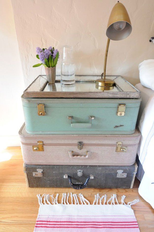3. Vintage Suitcase Nightstand -   Shabby Chic DIY Bedroom Furniture Ideas