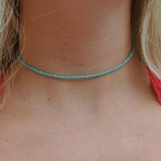 simple blue turquoise gold beaded choker necklace