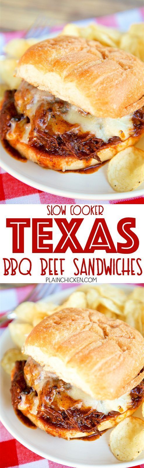 Slow Cooker Texas BBQ Beef Sandwiches – only 3 ingredients! Seriously delicious!! Serve beef on top of hamburger buns with a slice