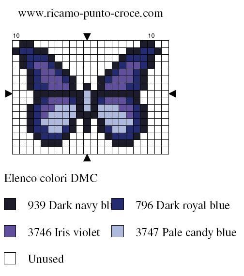 Small butterfly chart for cross stitch, knitting, knotting, weaving, pixel art, and other crafting projects.