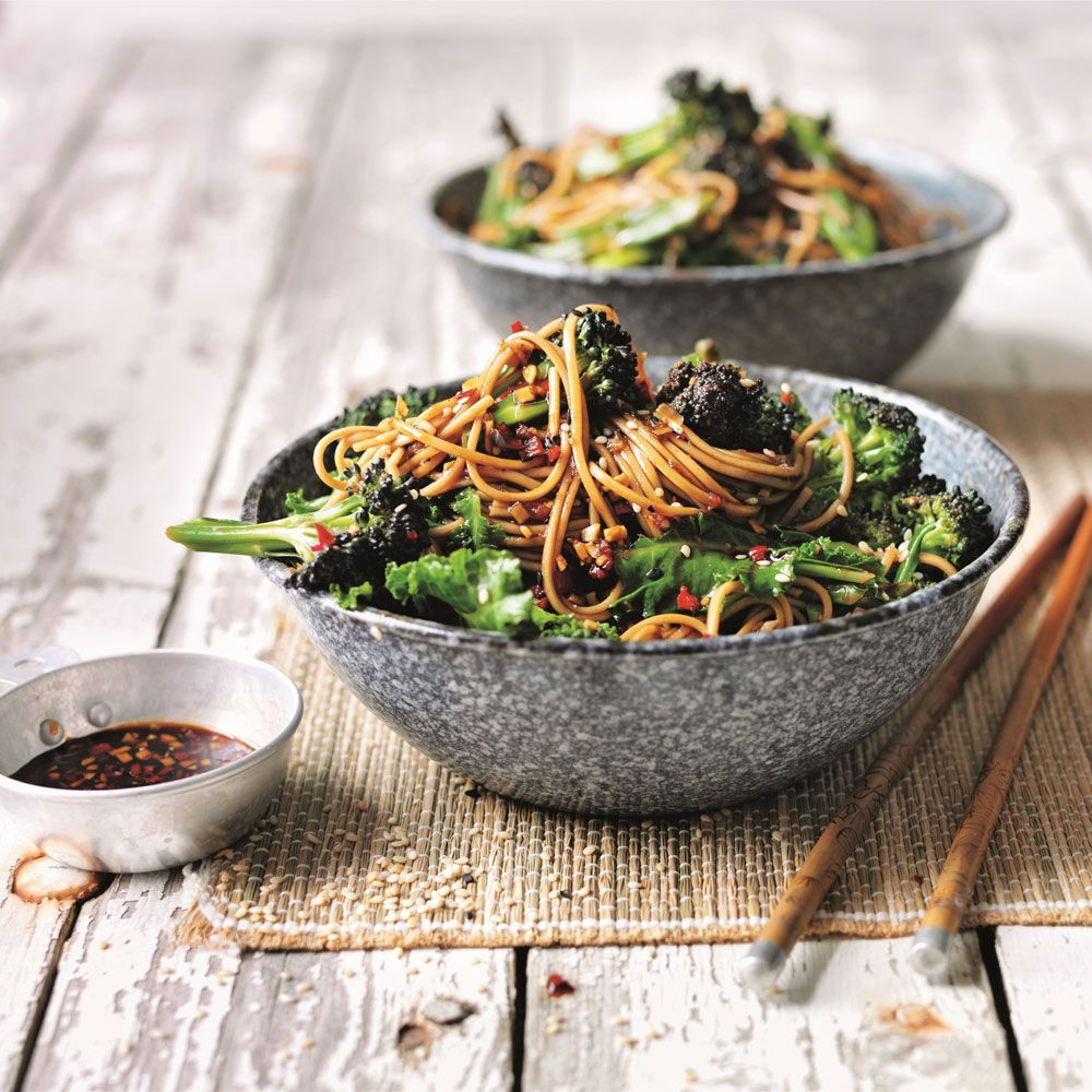 Soba noodle salad with broccoli and a sweet soy and ginger dressing, an easy vegan recipe for a healthy dinner or packed lunch