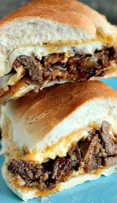 Steak Sandwiches ~ Amazing Steak Sandwich Layered with Caramelized Onions, Mozzarella Cheese and Barbecue Sauce.