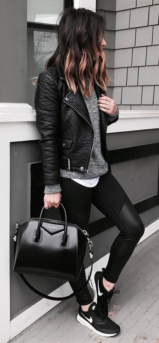 street style addiction / leather jacket + top + bag + leggings + sneakers