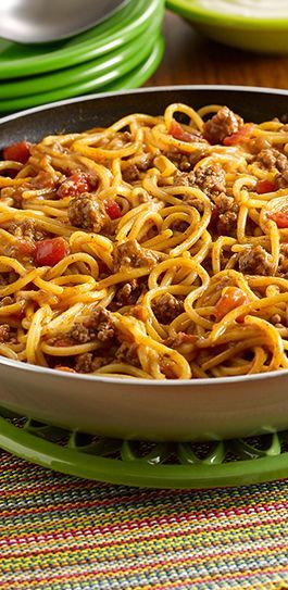 Taco Spaghetti Skillet: A Pot-Sized Pasta recipe with the flavor of tacos made in one pan using ground beef, zesty tomatoes and