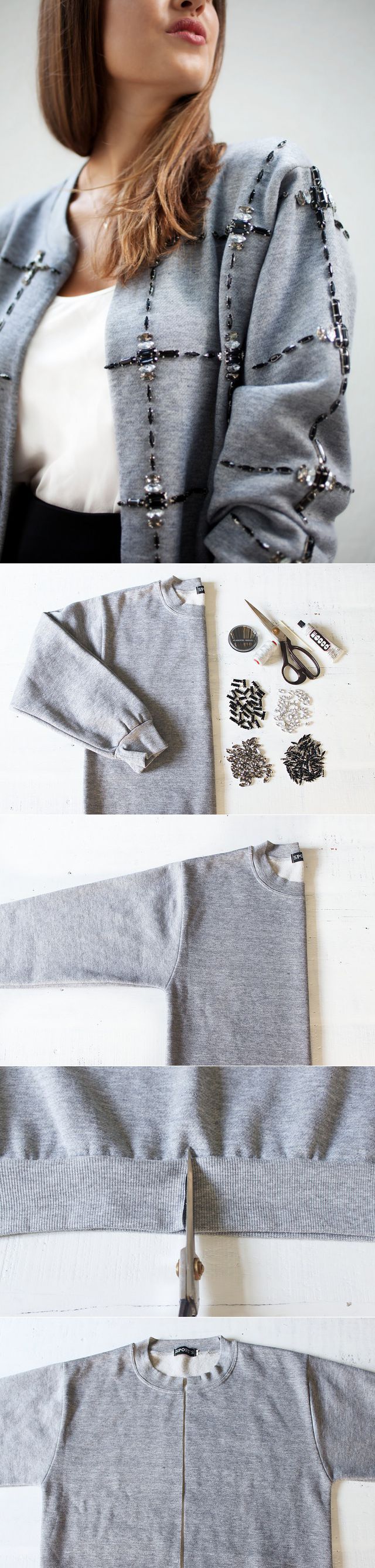 Take a plain old sweatshirt to the next level, a diamond cardigan. DIY FASHION PROJECT!