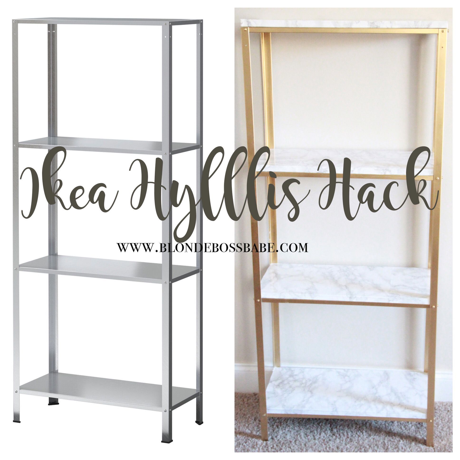 The easiest DIY hack to glam your $14.99 Ikea Hyllis Shelf Unit into marble and gold shelves. Glam home decor on a budget
