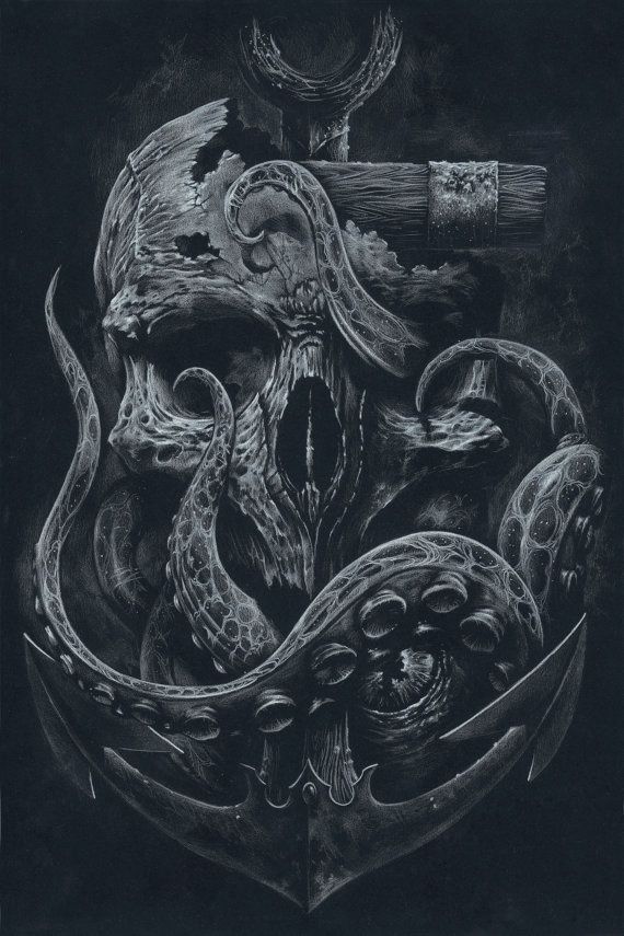 THE LOCKER Custom Print Octopus Skull Anchor Black by grabinkART in Illustration