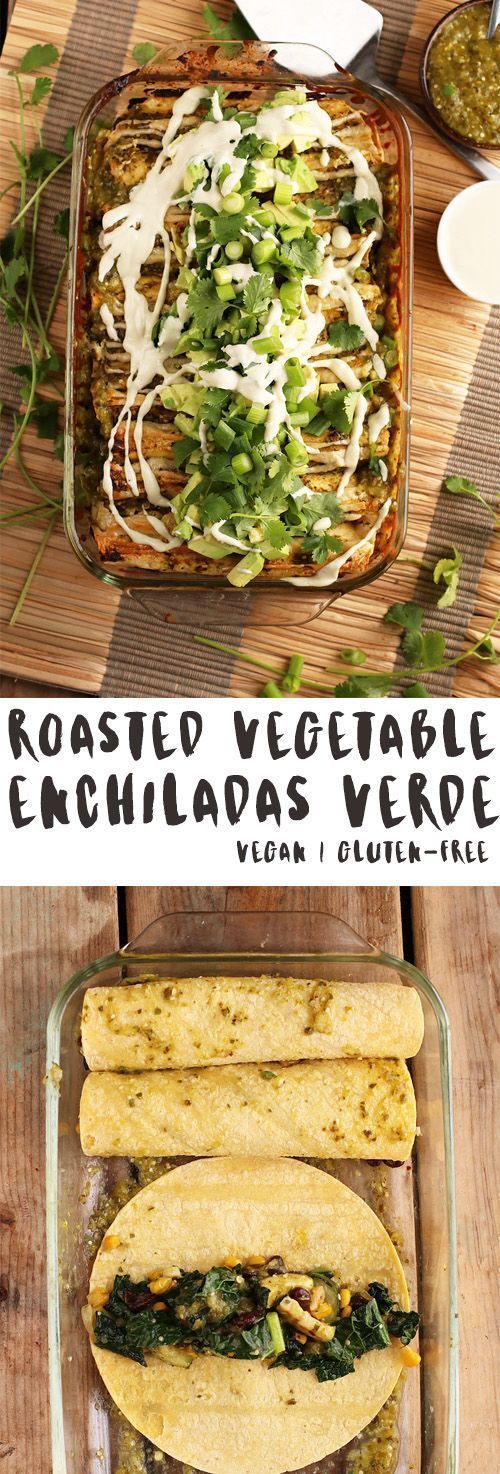 These vegan Enchiladas Verde are filled with roasted vegetables and topped with homemade salsa and cashew cream for a delicious