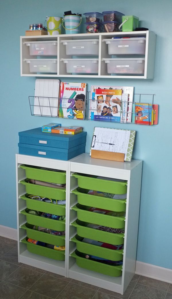 This blogger turned part of her laundry room into a kids Arts and Crafts storage center/classroom when she made the shift from