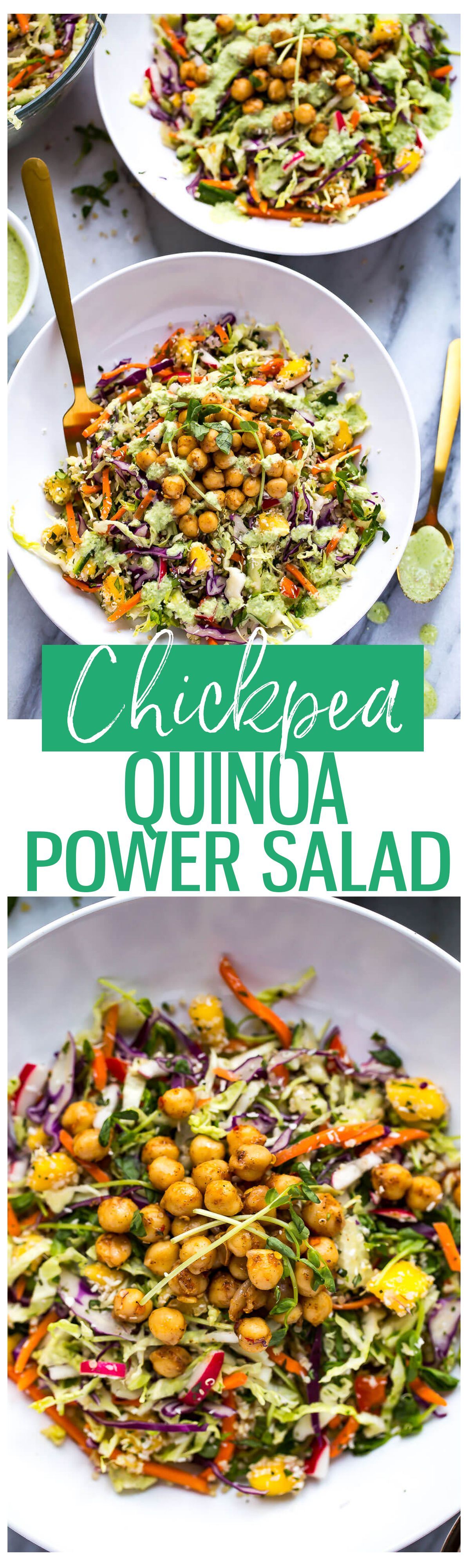 This Chickpea Quinoa Power Salad with Jalapeno Dressing is a delicious, vegetarian rainbow slaw with diced mango and 2-minute