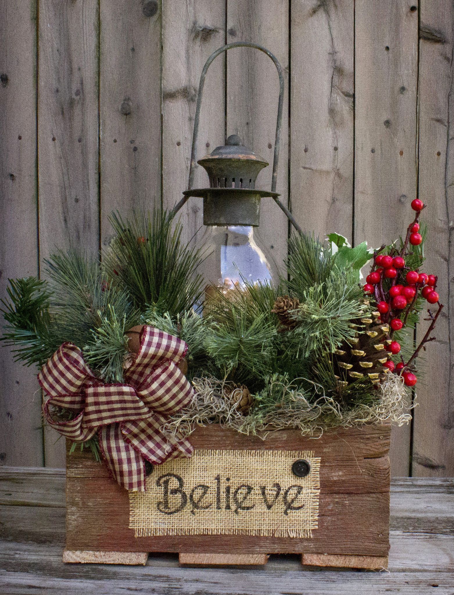 This gorgeous piece is featured in the Country Sampler Magazine! Reclaimed barn wood box 12″x12″x16″, 16″ black lantern with