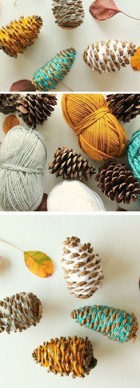 Yarn Wrapped Pinecones | 24 DIY Fall Crafts for Kids to Make that you will want to make too!