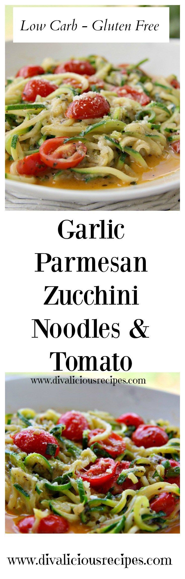 Zucchini noodles in a creamy Parmesan cheese sauce with tomatoes and added garlic. A quick and easy lunch to make in minutes.