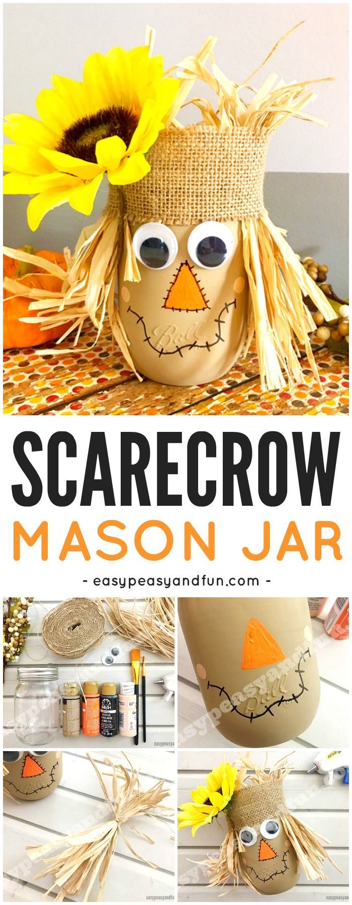 Adorable Scarecrow Mason Jar Halloween Craft for Kids. Fun Fall craft idea for kids too.