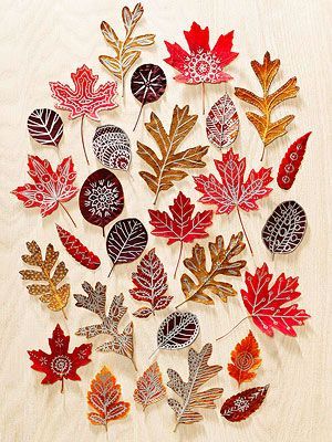 Autumn Art – Use beautiful fall leaves as canvases for doodle designs. Press colorful finds inside a heavy book for about 10 days,