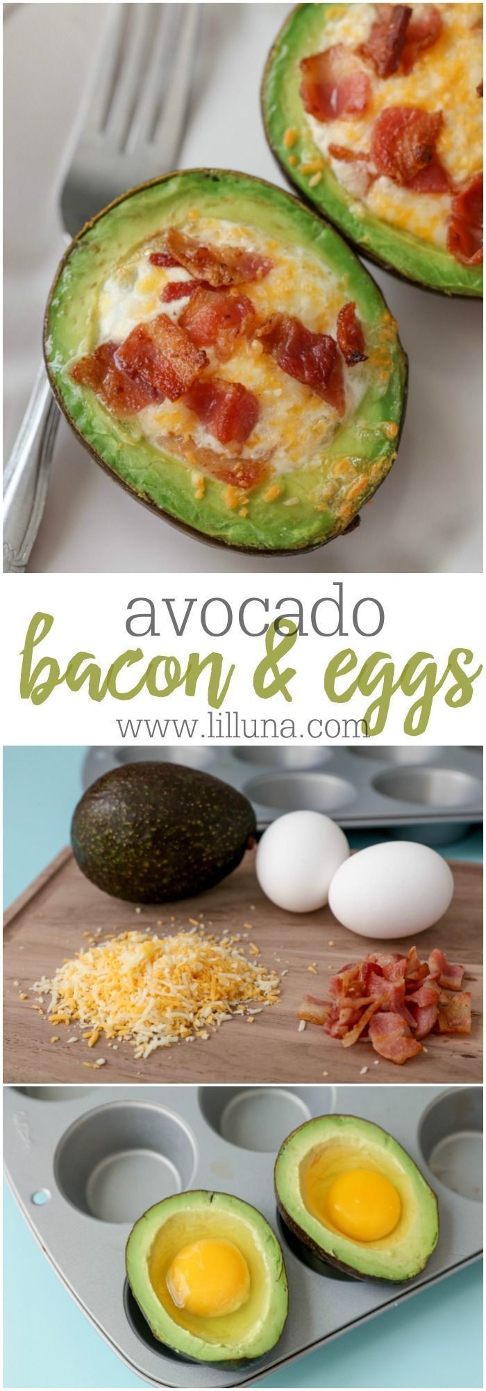 Avocado Bacon and eggs – one of our favorite breakfast recipes. They’re topped with cheese and so delicious!