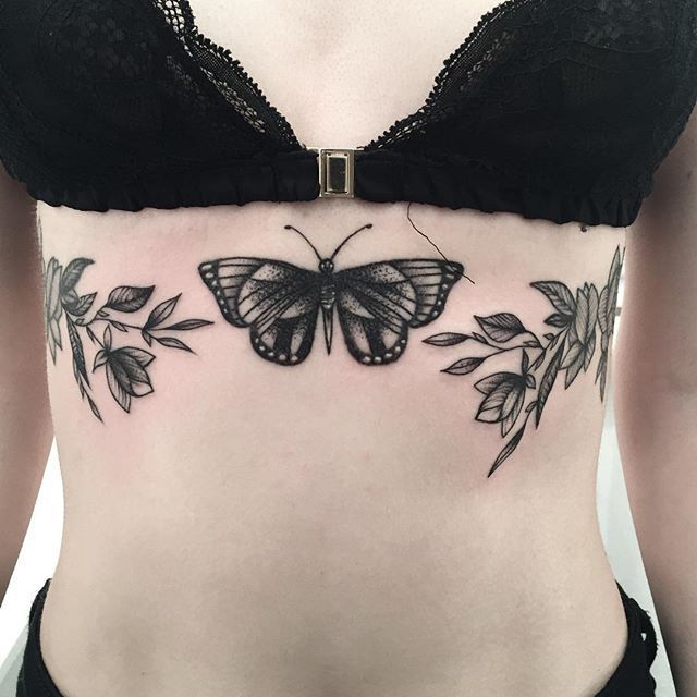 Black and white tattoo by Rebecca Vincent Rebecca Vincent. Really love this, I’d like it with out the butterfly