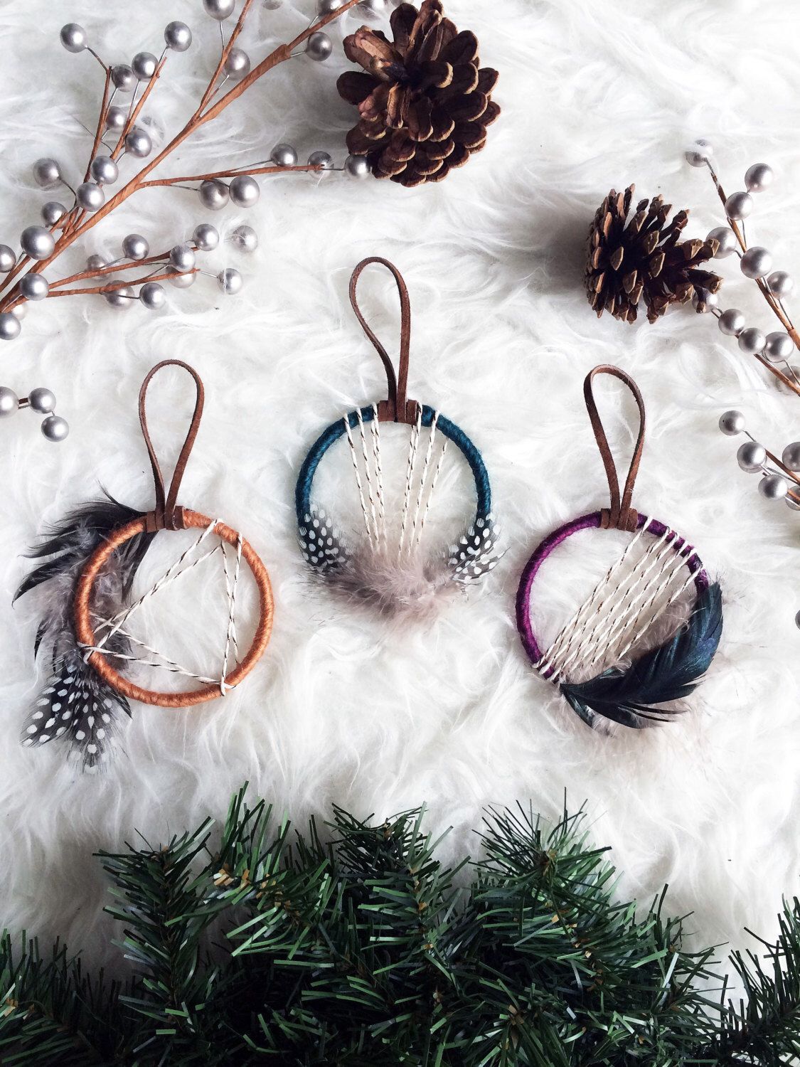 Boho Christmas Ornament Set – Mini Dream Catcher Ornaments – Bohemian Christmas Gift Topper – Boho Holiday Decor -Jewel Tone