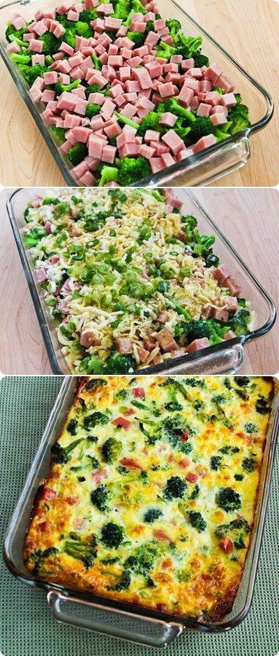 Broccoli, Ham, and Mozzarella Baked with Eggs – I would try it with other meats, or meat substitutes