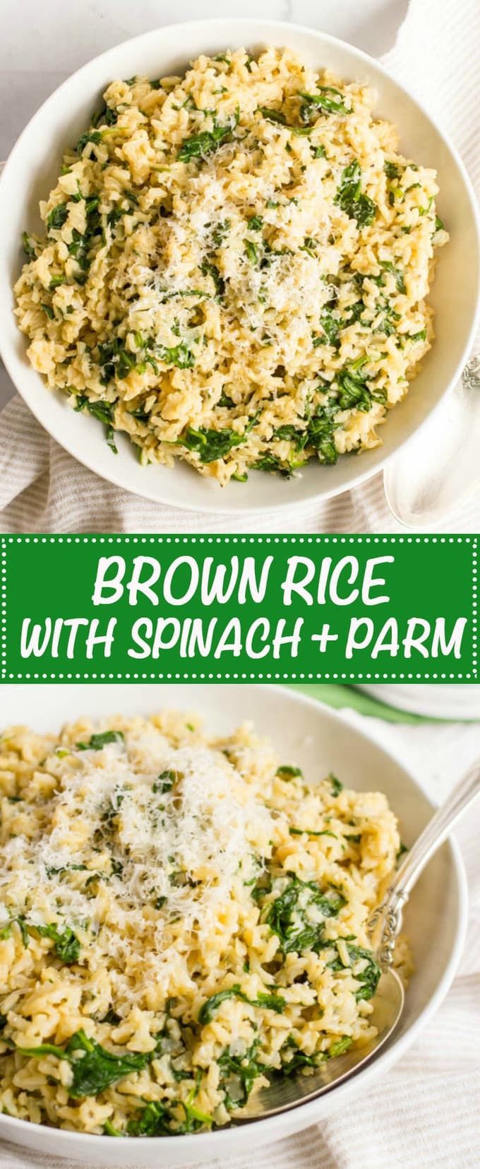 Brown rice with spinach and Parmesan cheese is an easy, healthy, one-pot side dish with just a few simple ingredients! (ad) |