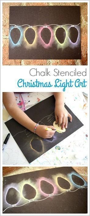 Chalk Stencil Christmas Light Art for Kids: Easy art and craft project for children using chalk and construction paper! ~