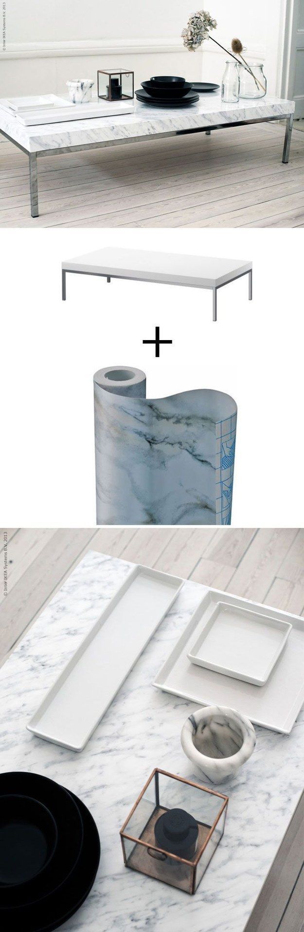 Cover the Klubbo coffee table ($49.99) with marble contact paper. | 37 Cheap And Easy Ways To Make Your Ikea Stuff Look Expensive