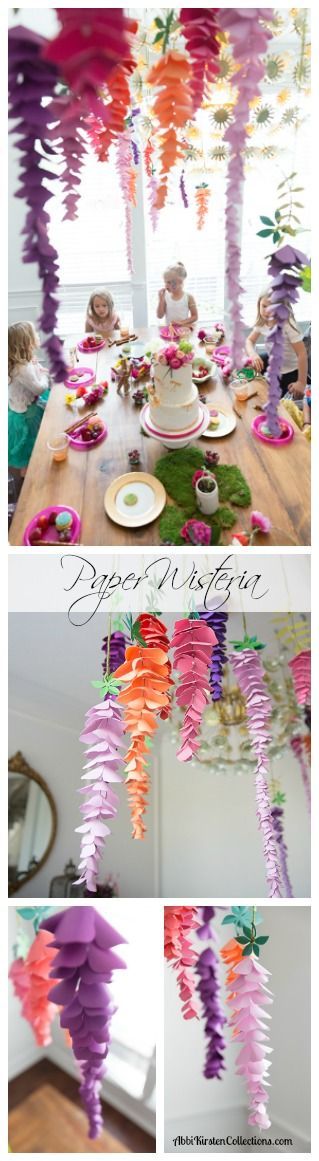 DIY fairy party decor. Paper flower wisteria. Hanging paper wisteria. AbbiKirstenCollections.com