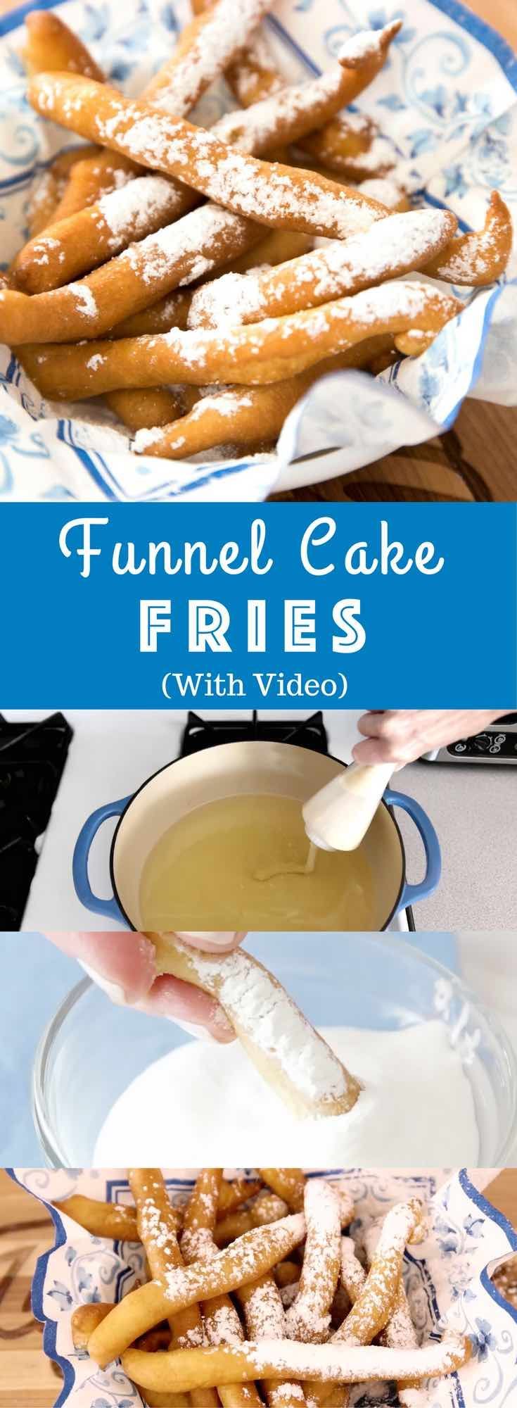 Easy Funnel Cake Fries – delicious cake batter is fried to perfect golden crispy fries. Served with some caramel sauce or a