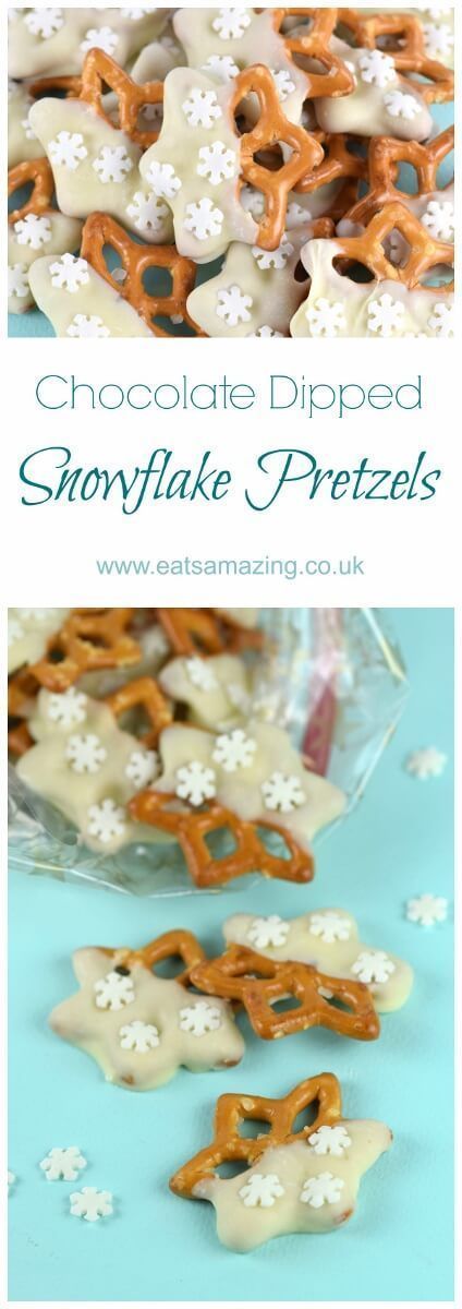 Easy snowflake chocolate dipped pretzels recipe – a great for edible gift idea or christmas party food nibbles from Eats Amazing