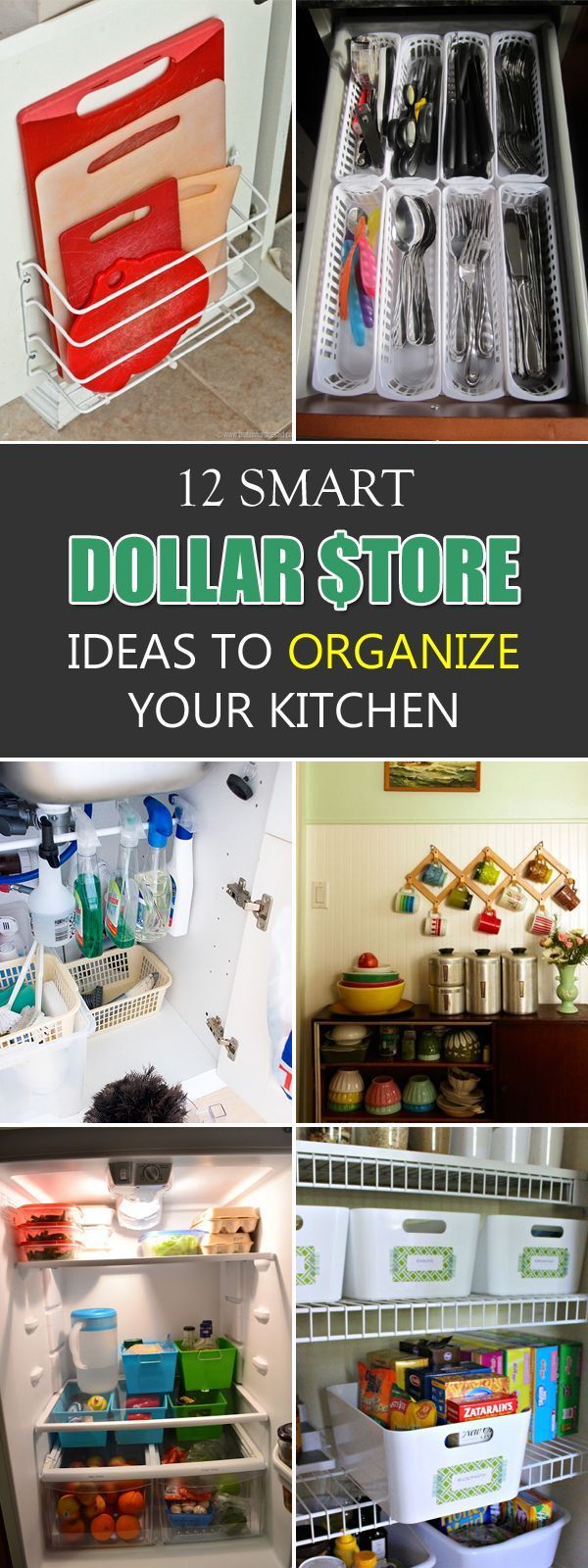 Easy ways to organize your kitchen using dollar store items.