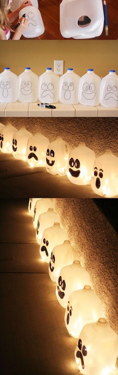 Halloween lights with milk cartons and Christmas lights, could be make with colored lights also, or flash lights.