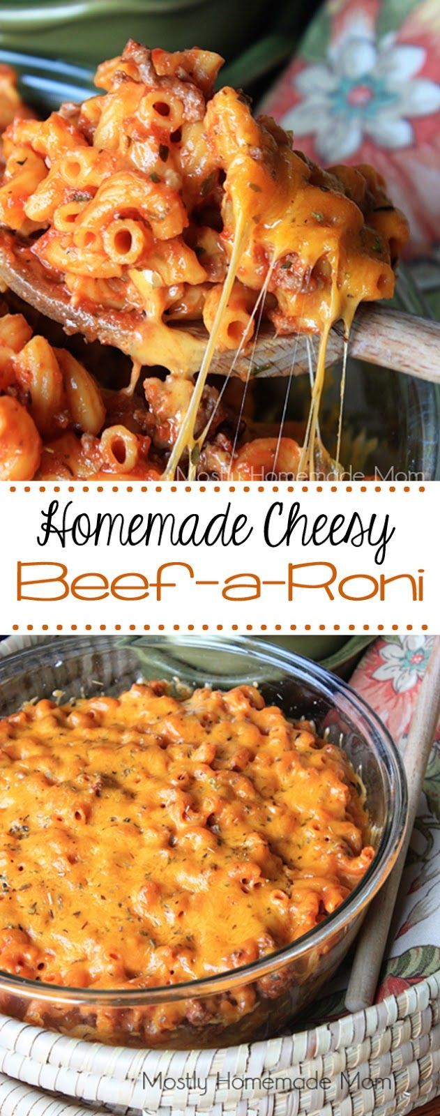 Homemade Cheesy Beefaroni – an amazing tomato meat sauce combined with elbow macaroni noodles and layers of gooey cheddar cheese –