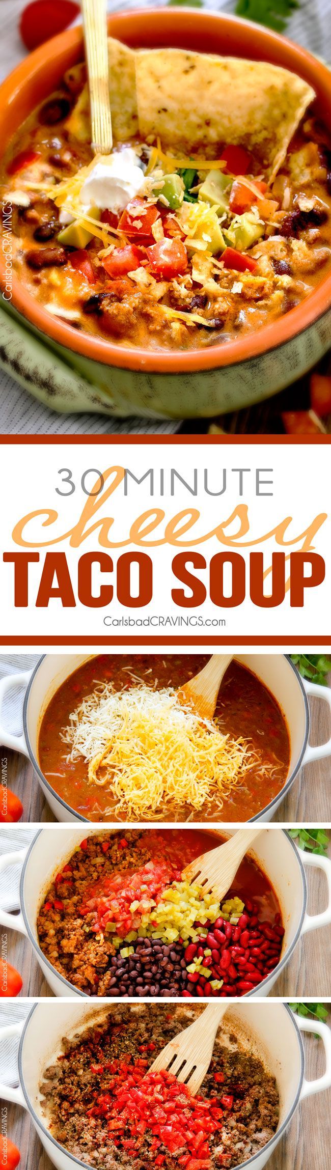 Less than 30 minutes for this ONE POT Cheesy Taco Soup! This is the ultimate comforting soup packed with all your favorite taco