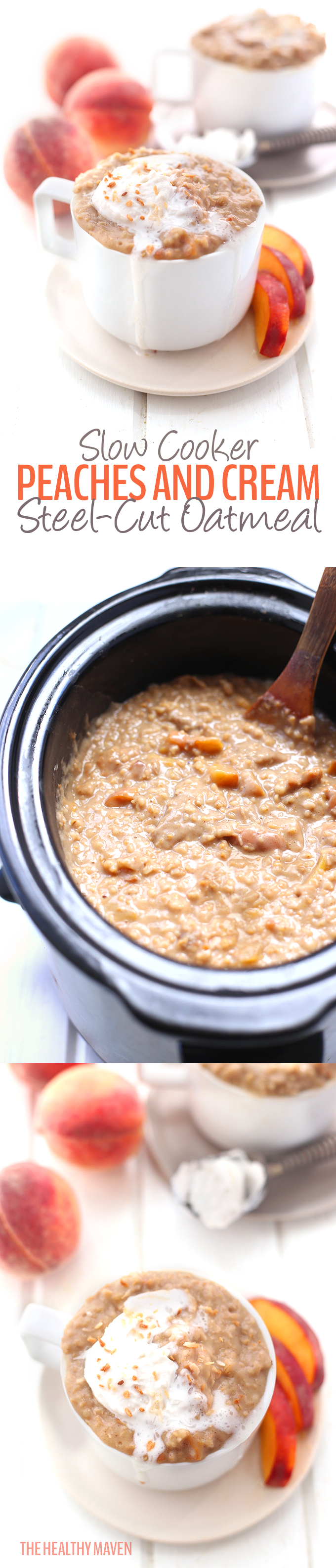 Made with steel-cut oats, fresh peaches and coconut cream this gluten-free and dairy-free, hands-off recipe for slow cooker