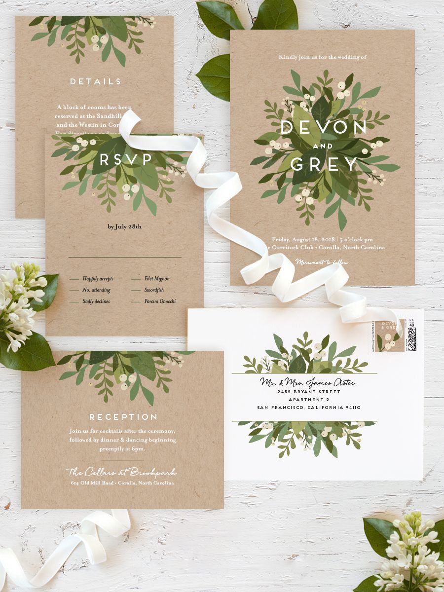 Modern white typography paired with fresh green florals create the perfect garden wedding. Minted artist Jennifer Wick’s Laurels