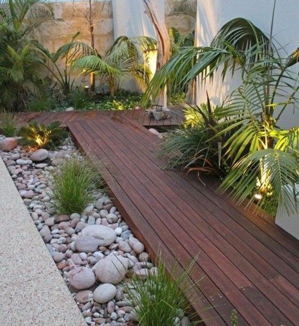 Patio Zen Garden equip wood flooring pebbles green plants