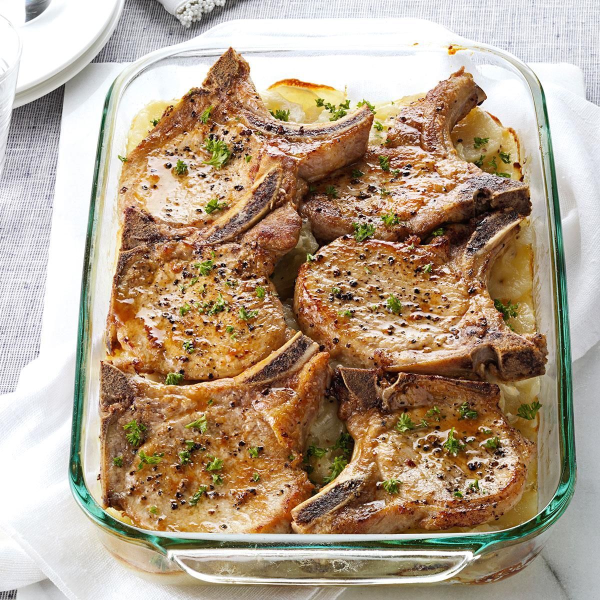 Pork Chops with Scalloped Potatoes Recipe -Mom always managed to put a delicious hearty meal on the table for us and for our