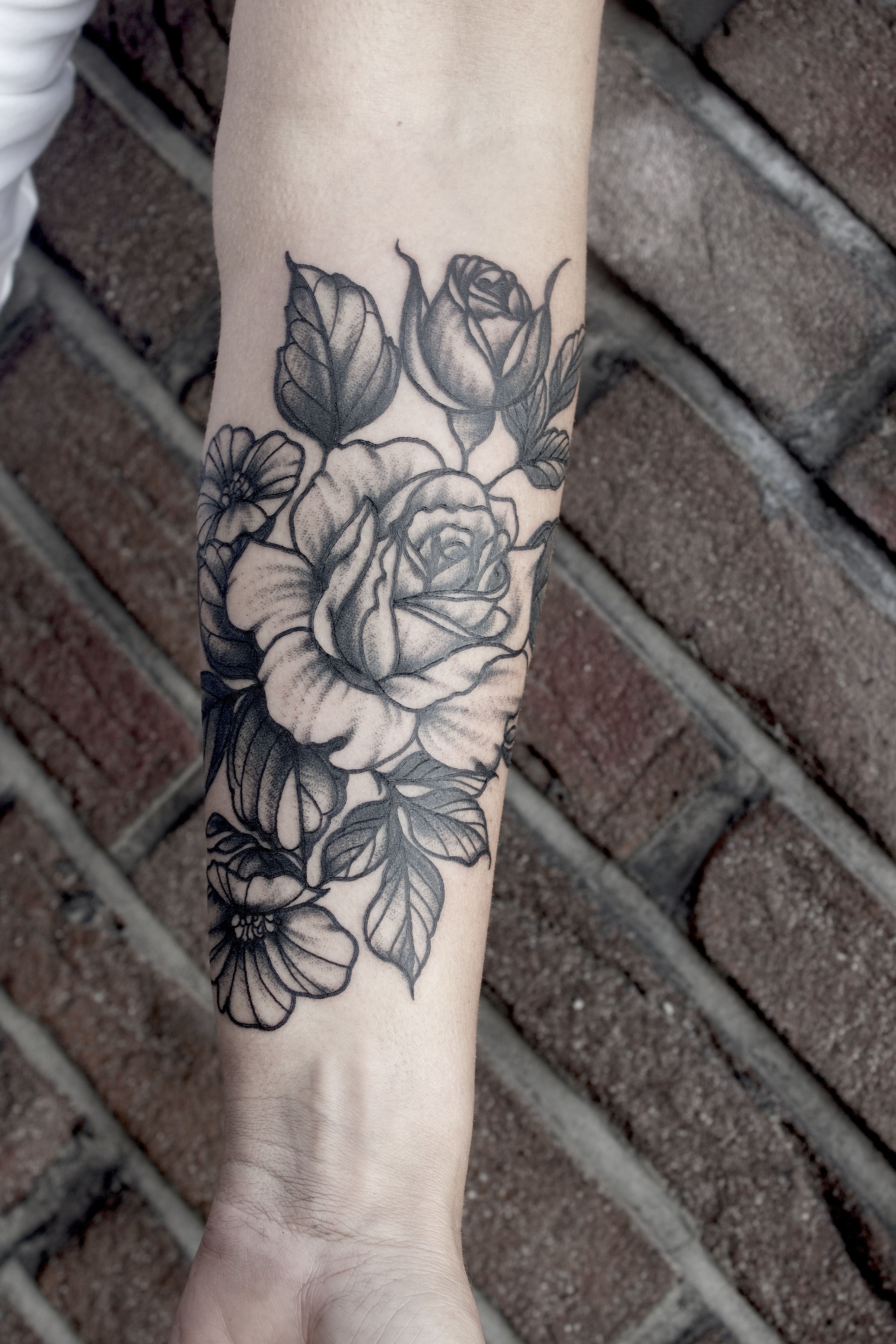 rose flower bouquet tattoo blackwork dotwork peony peonies neo traditional elisabetha botanical elisabethatattoo