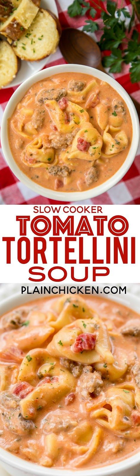 Slow Cooker Tomato Tortellini Soup – seriously delicious! Everyone LOVED this no-fuss soup recipe. Just dump everything in the